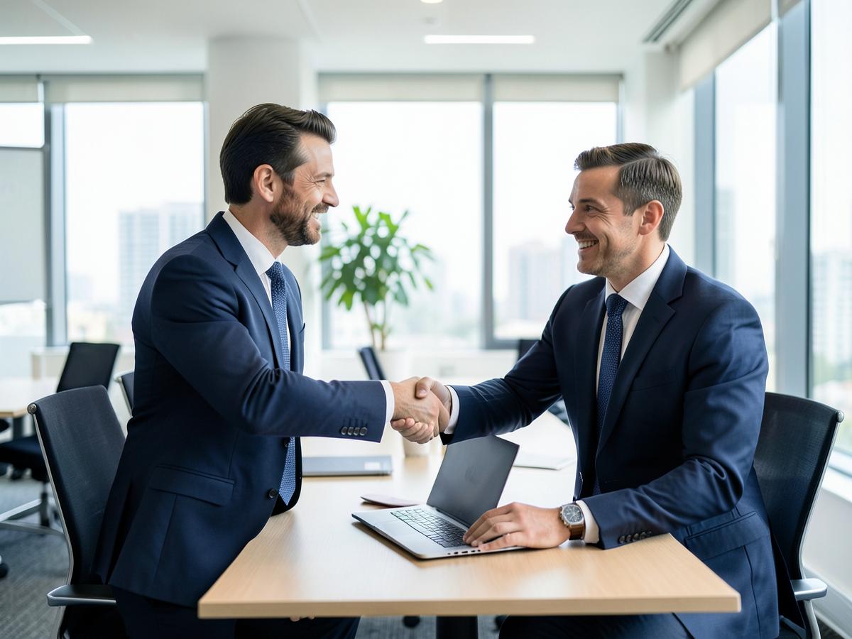 Two professionals shaking hands over a laptop in a meeting room